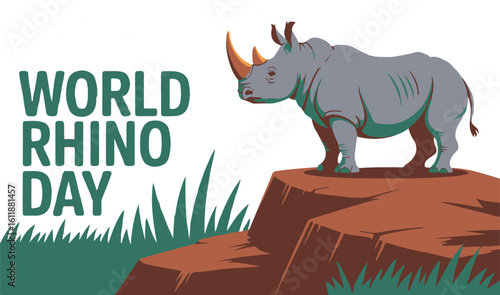 World Rhino Day Celebration with a Majestic Rhino Standing Tall on a Rocky Hill Surrounded by Grass Illustration