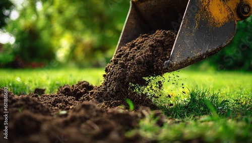 Excavator Bucket Depositing Soil onto Mulch Pile in Backyard Garden with Green Grass Background