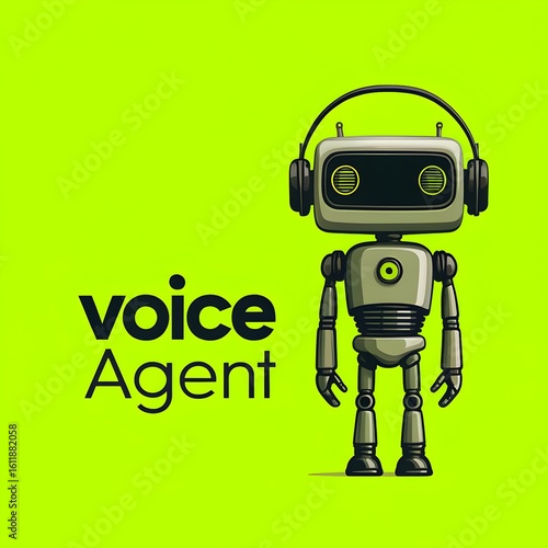 Retro-style robot with headphones illustrating futuristic AI voice assistant on vibrant lime background