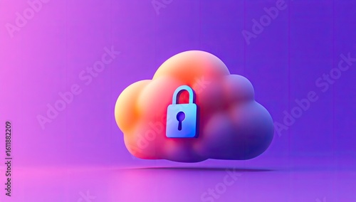 A purple cloud with an orange gradient and a blue lock icon floating on it, a simple design with a purple background, a 3D render in a minimalistic resolution