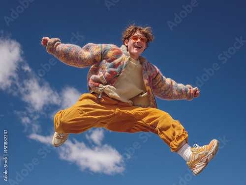 Energetic young humen captured mid-jump against a clear blue sky. Bright and dynamic image full of freedom and motion