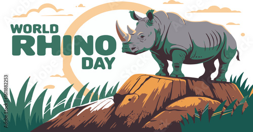 World Rhino Day Illustration Featuring a Majestic Rhino on a Rocky Hill with Lush Grass and a Symbolic Background