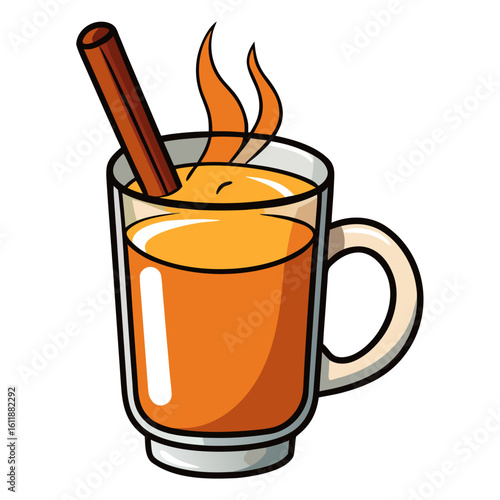 Hot cider in a glass mug with a cinnamon stick