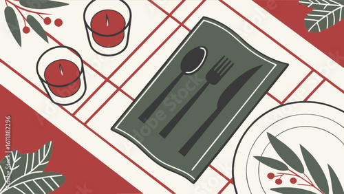 Elegant holiday table setting with candles and silverware christmas dinner party illustration vector design
