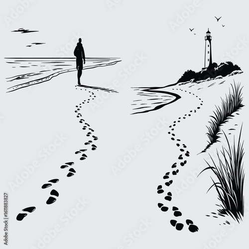 Footprint trail ending at sea  image silhouette design vector art and illustration