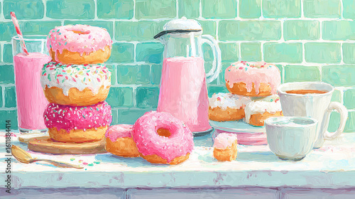 Donut factory, A whimsical donut factory scene depicting chaos and creativity in a vibrant environment.