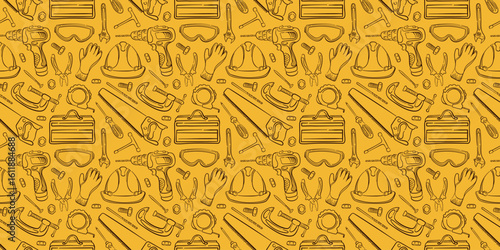 Seamless pattern of hand drawn construction repair tool and safety equipment on yellow background. Perfect for industrial theme, engineering project and workshop illustration.
