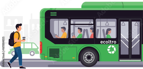 Promoting green transportation: Man walks as bus transports commuters safely