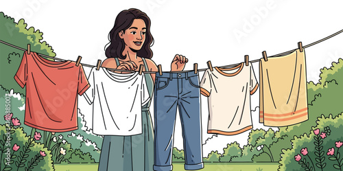 Young woman hanging clean laundry outside on clothesline in sunny backyard