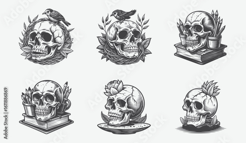 Collection of ornate skull designs with floral and architectural elements silhouette isolated on white background