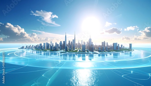 Fototapeta Naklejka Na Ścianę i Meble -  Futuristic Cityscape on Island Under Bright Blue Sky