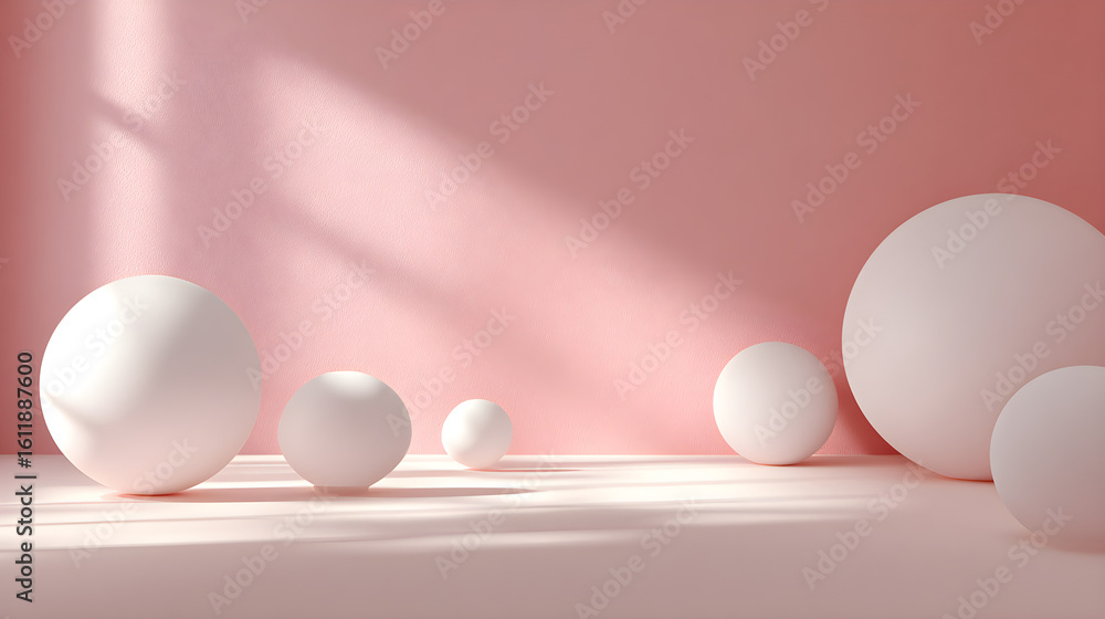 Fototapeta premium **Soft pink gradient backdrop with white spheres and subtle sunlight shadows creating a calm ambiance