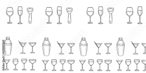 Hand-drawn wine glasses, champagne flute, bottle opener doodle icon set, black & white minimalist vector illustration, bar menu elements