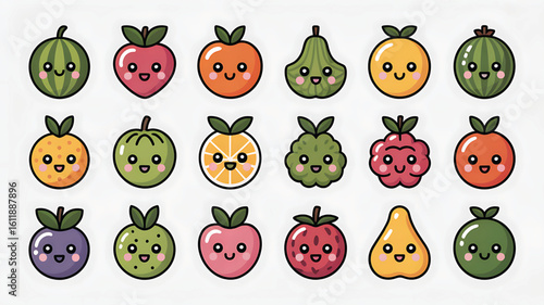 Cute Cartoon Fruits Illustration featuring Watermelon Strawberry Orange Pear Plum Raspberry and other colorful fruits