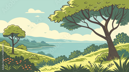 Scenic landscape illustration of lakeside view with trees and hills for nature background design