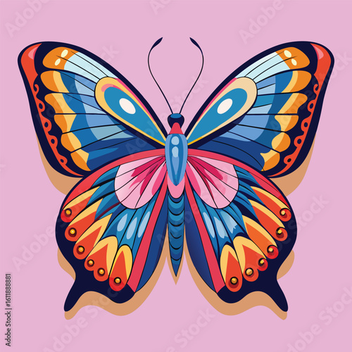 Vibrant butterfly with intricate wing patterns on a soft pink background