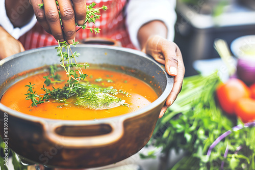 Vegetable soup in a pot, close-up
