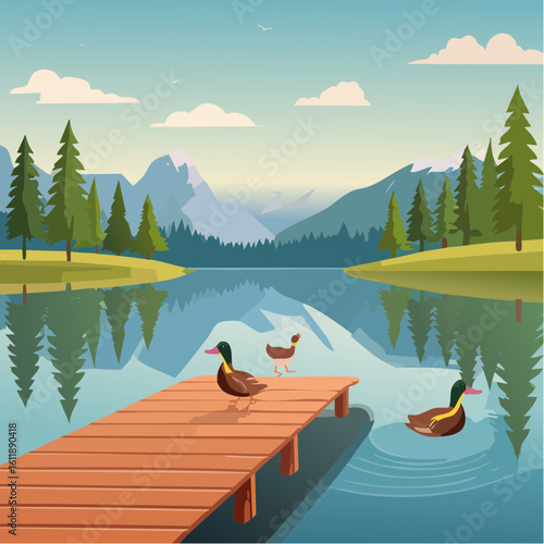 Tranquil mountain lake scene with ducks on a wooden pier under a clear sky