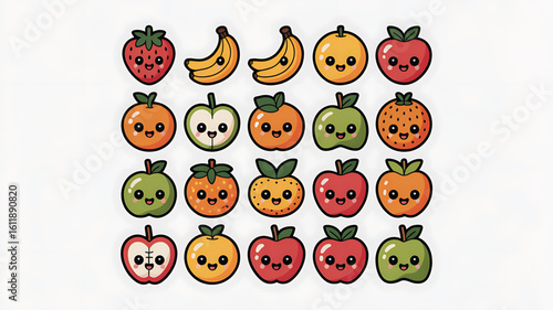 Delightful Assortment of Cartoon Fruits with Cheerful Faces on a Clean White Background Fresh and Fun Design Elements