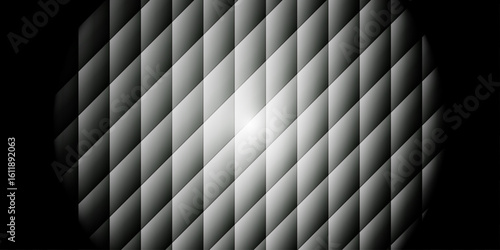 Abstract geometric, seamless diamond-pattern background with a metallic gradient effect with a central light source that radiates outward. Depth and shadow, suitable for tech, futuristic, or digital d