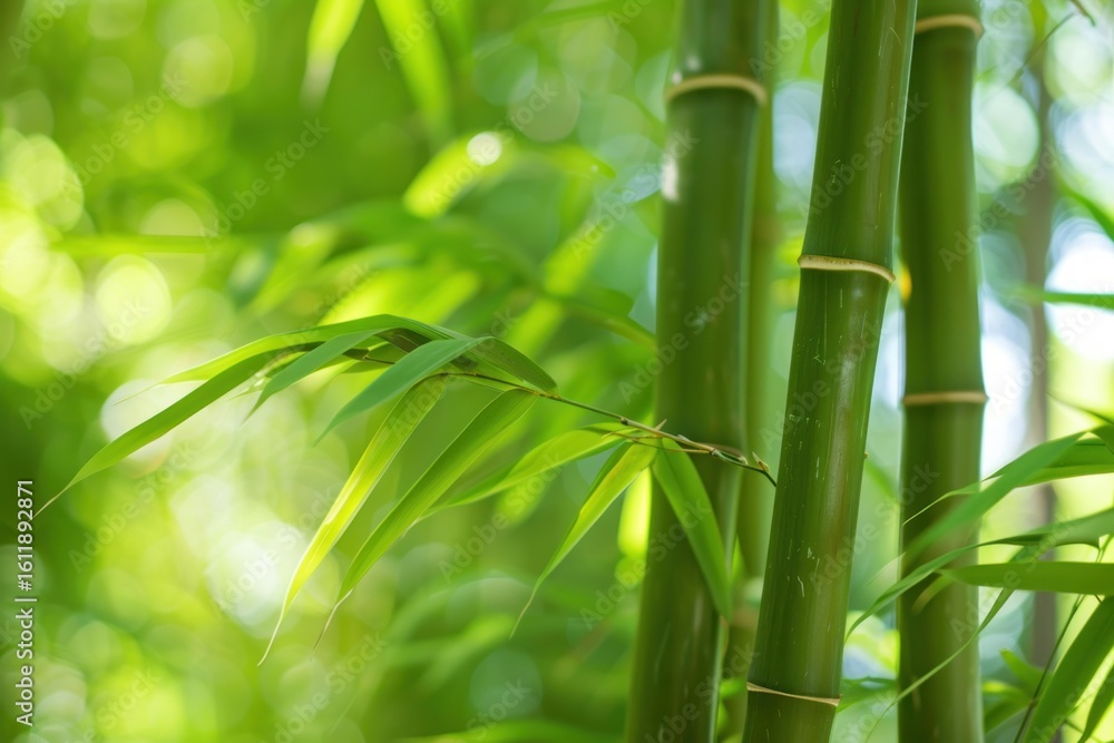 Obraz premium Close up of vibrant green bamboo stalks and leaves, creating a lush, natural, and serene background
