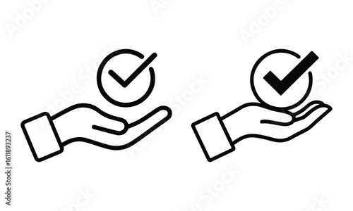 Hand Holding Check Mark Icon in Circle Isolated on White Background


