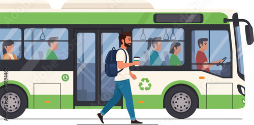 Riding public transit, man getting on bus promoting green transportation