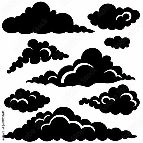 Vector set of black and white silhouette clouds isolated from background