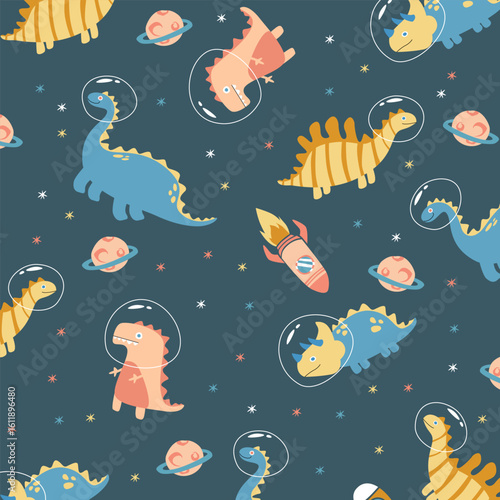 dinosaur astronout rocket space ship star seamless pattern cartoon vector design for kids apparel fullprint fabric