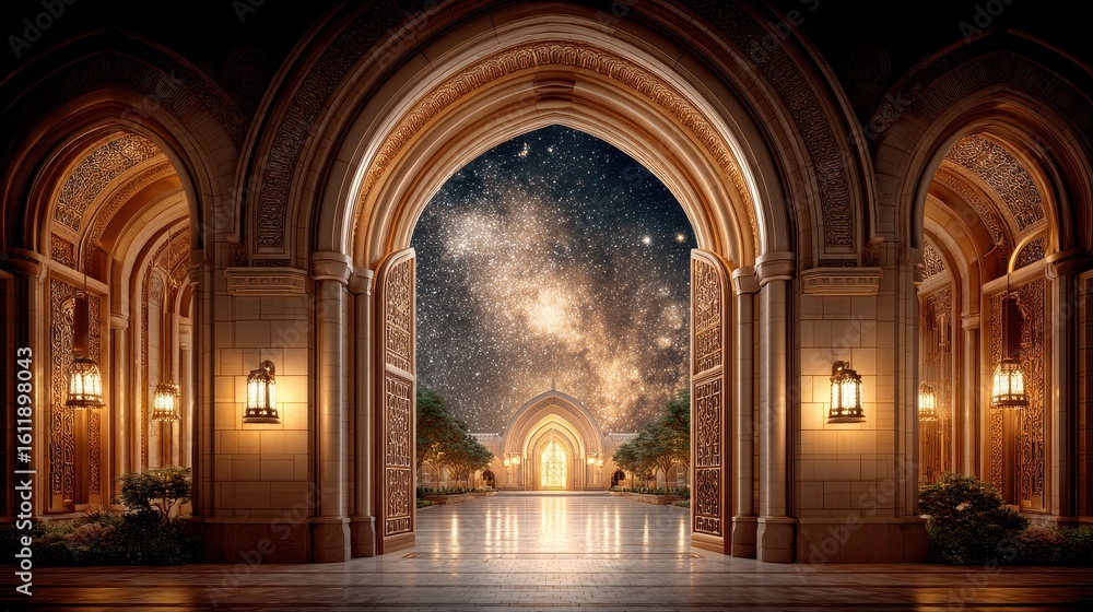 Obraz premium Majestic mosque gate illuminated against a dreamy night sky, capturing the grandeur of Islamic architecture through a generative style.
