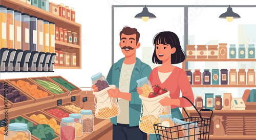 Happy couple shopping zero waste groceries in modern store together today