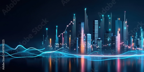 Futuristic skyline with data lines and glowing analytics, symbolizing digital transformation and city development powered by big data.