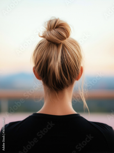 A woman with blonde hair styled in a messy bun is seen from behind, wearing a black top with a blurred outdoor background.
