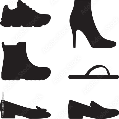 Shoe Silhouettes Collection – Sneakers, Heels, Boots, and Casual Footwear Icons