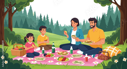 Happy family enjoys a delightful picnic lunch in a beautiful green meadow