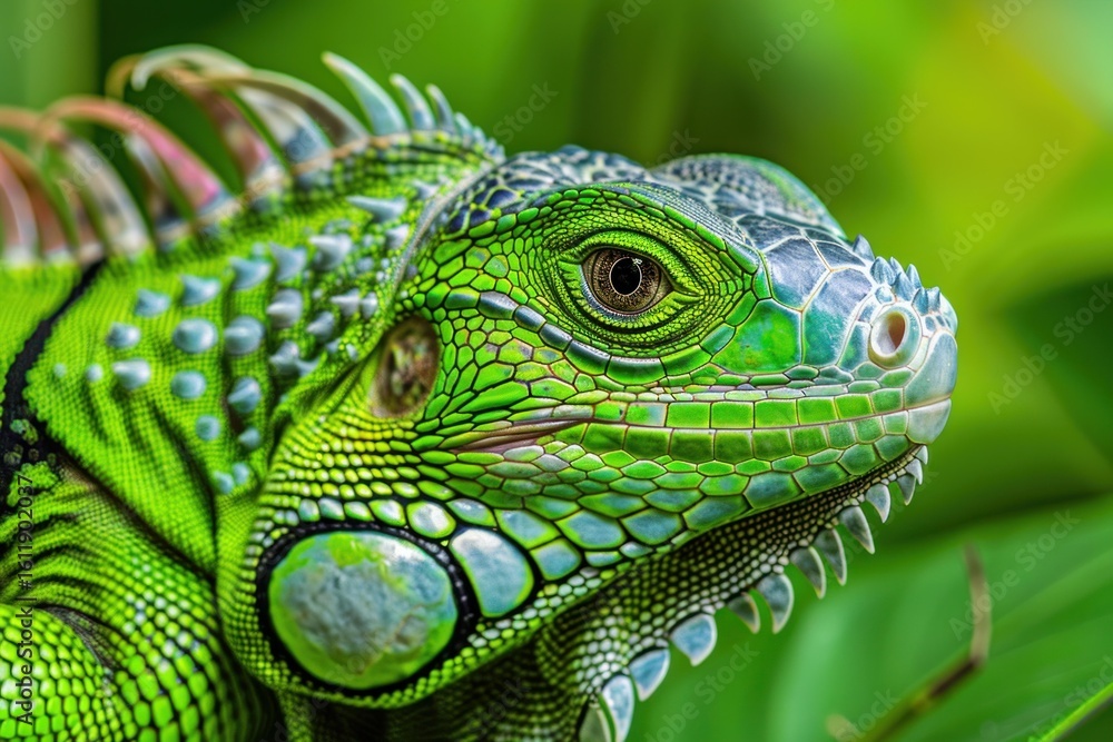 Fototapeta premium Close up of a vibrant green iguana showcasing its intricate scales and captivating gaze in a natural habitat