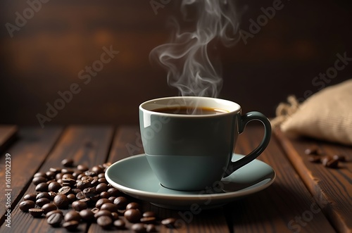 Elegant Blue-Gray Mug Hot Coffee Drink Comfort Grain Texture Surface Saucer ai generated