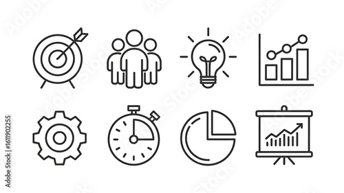 Strategic Planning Vector Set of Business Concepts for Success, Goals, Teamwork, and Market Growth in Modern Outline Style