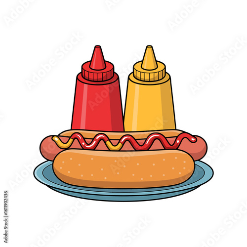 Delicious Hot Dog Illustration with Ketchup and Mustard - Perfect for Food-Themed Designs