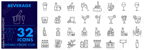 Beverage Icon Set.  Wine, Beer, Bar, Whiskey, Martini, Champagne, Sangria, Vodka, tequila, Liquor, Cocktail and Editable Stroke Icon