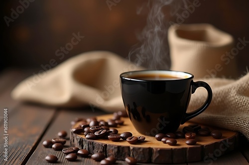Elegant Coffee Still Life Dark Mug, Burlap Fabric, Brown Background ai generated
