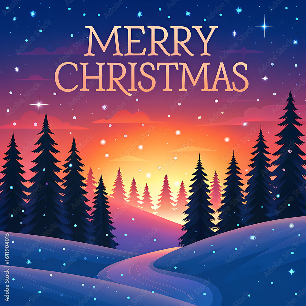 Fototapeta premium Merry christmas snowy landscape with fir trees and starry sky