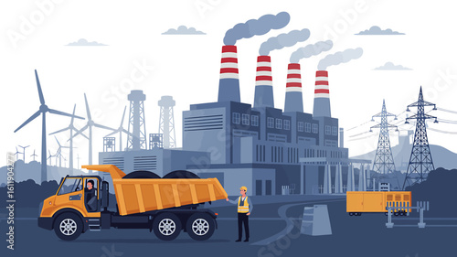 Energy production with coal power plant wind turbines and electrical grid infrastructure showcasing the complexities of modern power generation and distribution