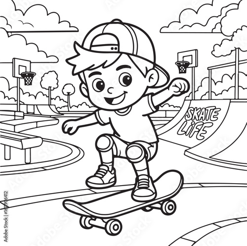 Skater Kid Coloring Page – Urban Ramp Ride with Graffiti Wall and Skateboard Tricks