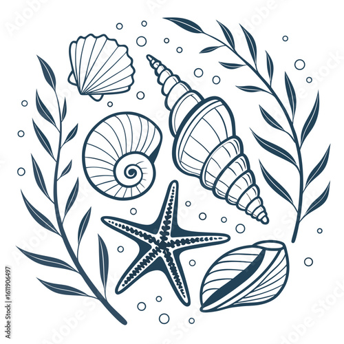 Seamless marine vector pattern with sea shells, starfish, and other ocean elements