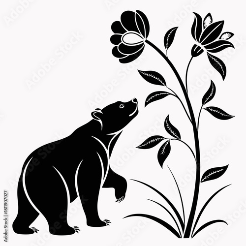 Bear smelling flowers silhouette isolated on white background