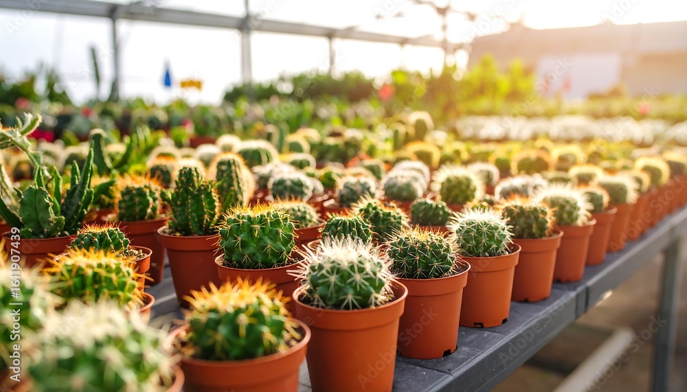 Fototapeta premium Small cacti in terracotta pots in a greenhouse