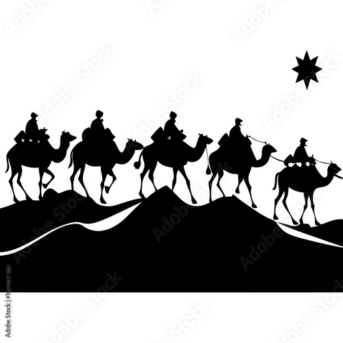 Three wise men on camels journey silhouette isolated on white background