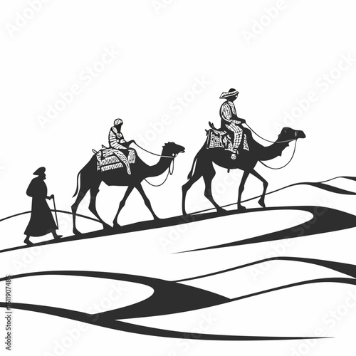 Three wise men traveling on camels silhouette isolated on white background