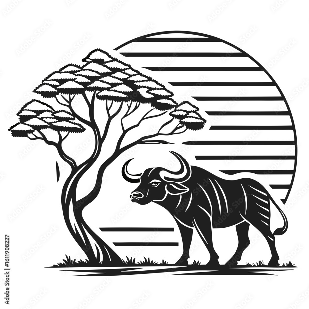 Fototapeta premium African buffalo silhouette under acacia tree with striped sun isolated on white background